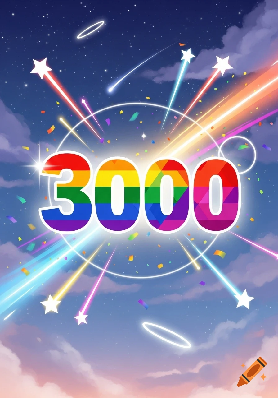 Rainbow-colored number 3000 surrounded by shooting stars, confetti, and clouds in a vibrant night sky.