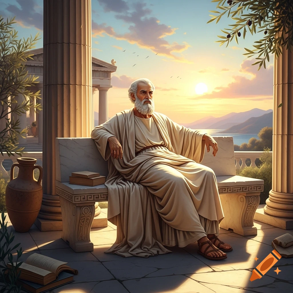 An old, bearded man in a toga sits contemplatively on a stone bench amidst ancient Greek columns, overlooking a lake at sunset.