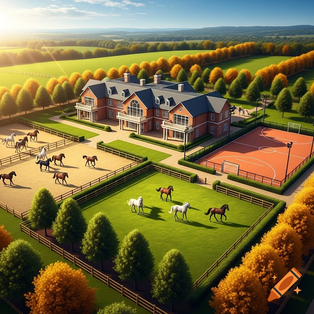 An aerial view of a grand brick mansion with horse paddocks, a sports court, and autumn trees under a sunny sky.