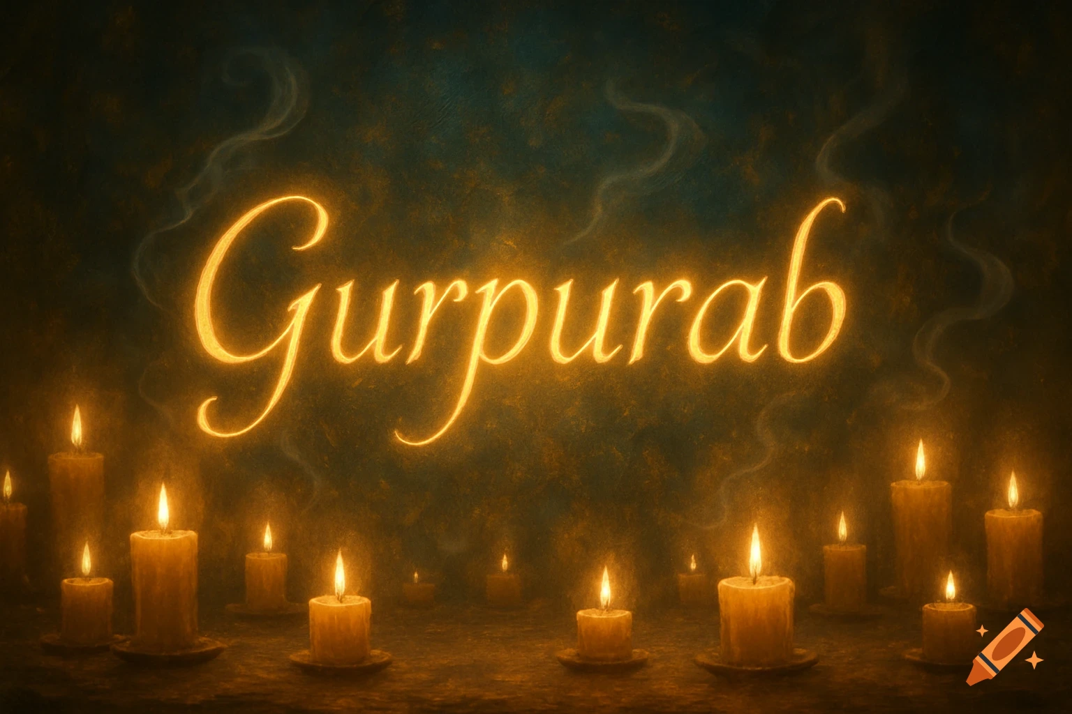 Golden glowing "Gurpurab" text in script over many lit candles against a dark, textured background.