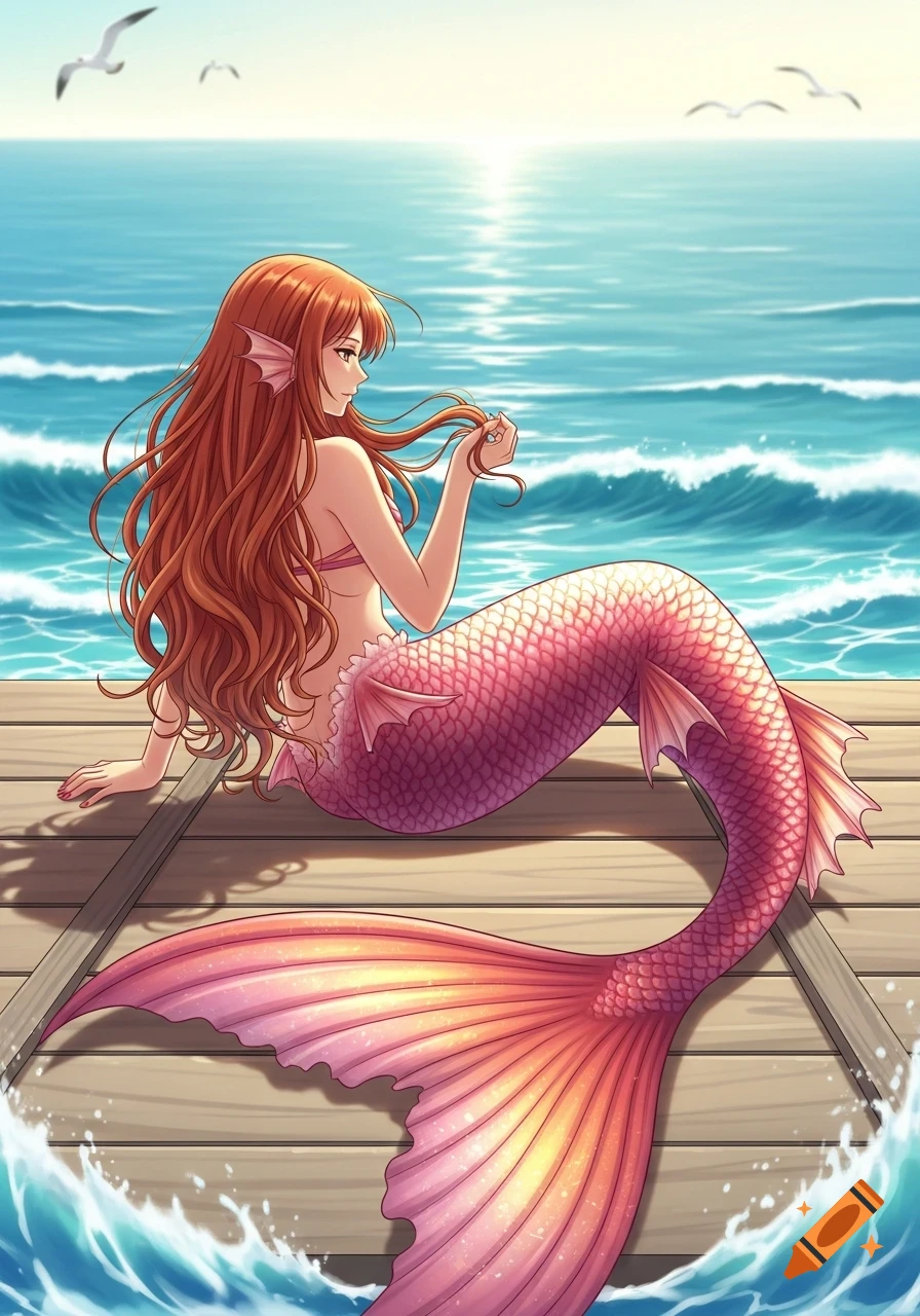 Anime mermaid with long red hair and a pink-orange tail sitting on a boardwalk by the ocean at sunrise.