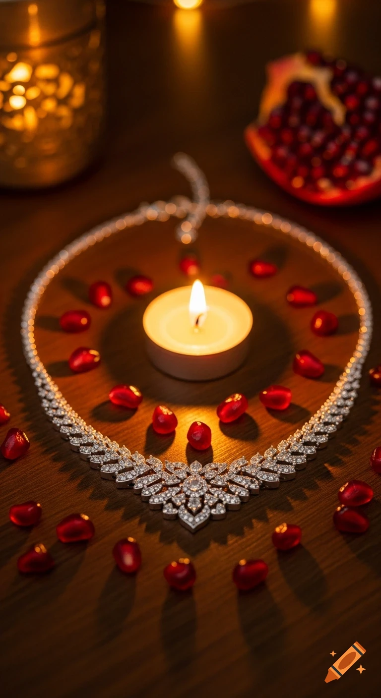 Shiny silver necklace, a lit candle, and scattered pomegranate seeds on a dark wooden surface with warm golden lighting.