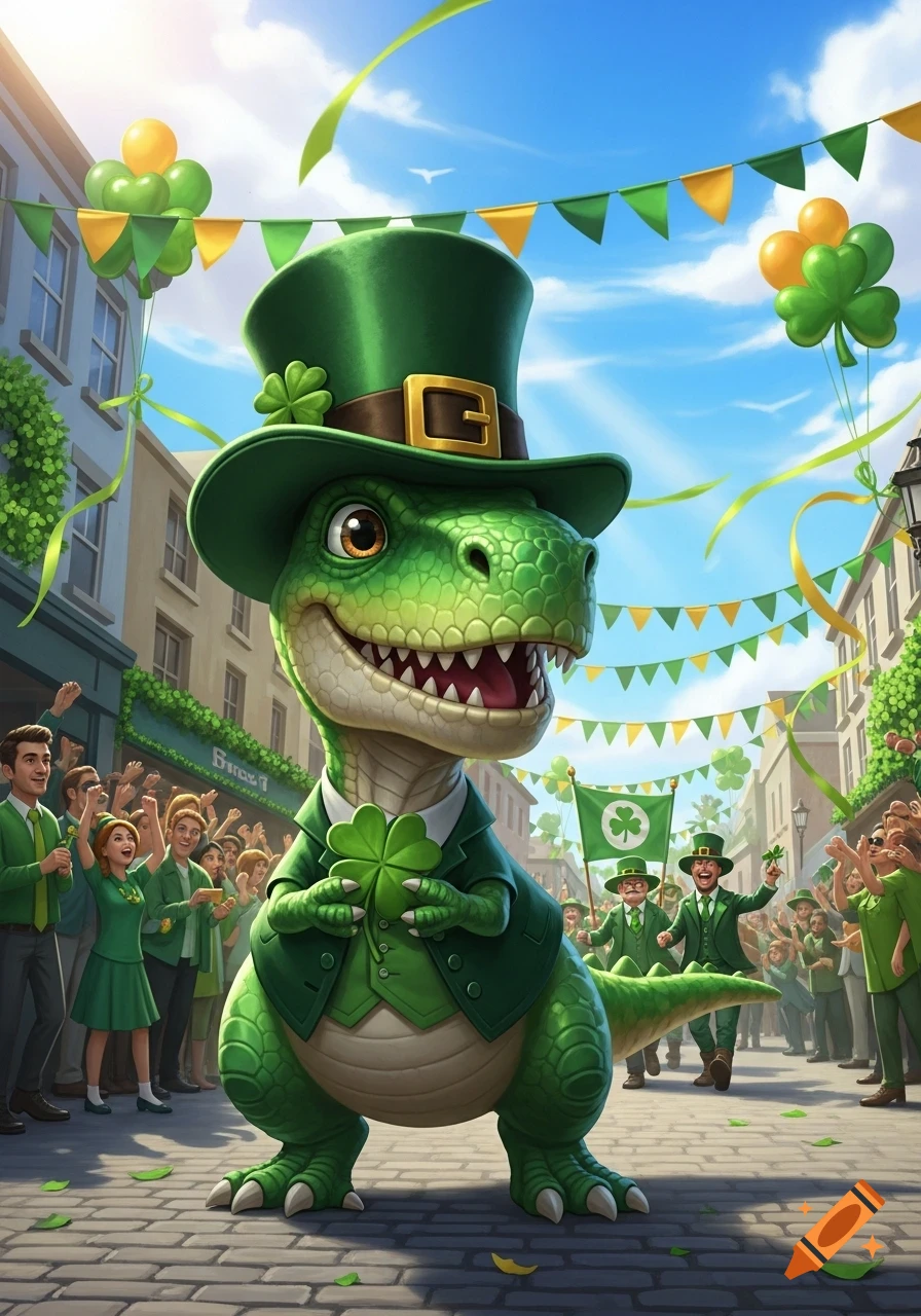 Cartoon dinosaur in a green top hat and suit holding a shamrock, leading a St. Patrick's Day parade on a festive street.