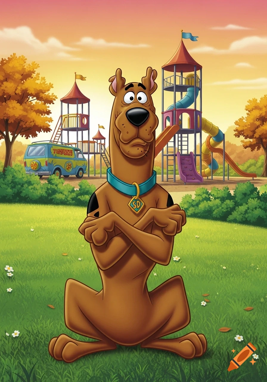 Cartoon Scooby Doo sits with arms crossed in a grassy park, a playground and the Mystery Machine van behind him at sunset.