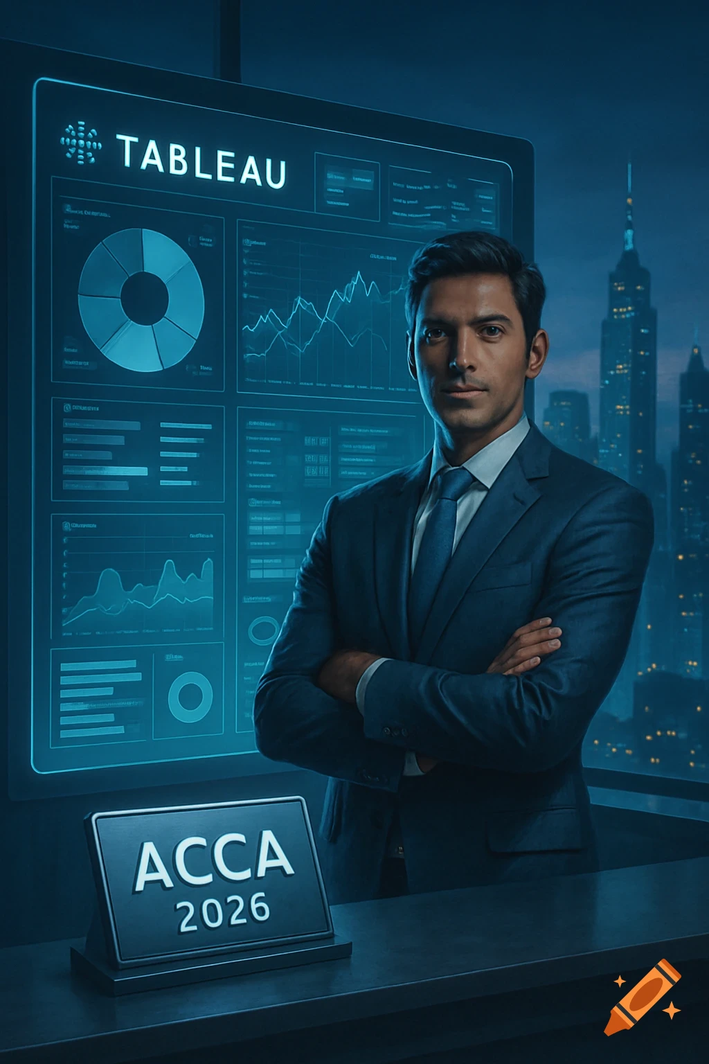A man in a suit stands in an office with a city view at dusk, next to a screen displaying data and charts, and a sign reading "ACCA 2026" on the desk.