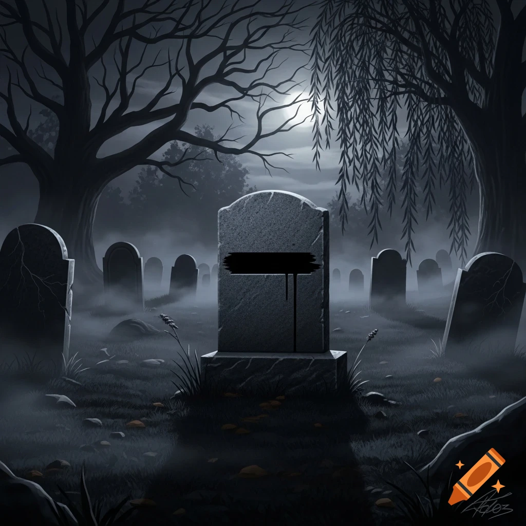 A dark, foggy graveyard at night with numerous tombstones under a full moon, a central tombstone obscured by a black bar.