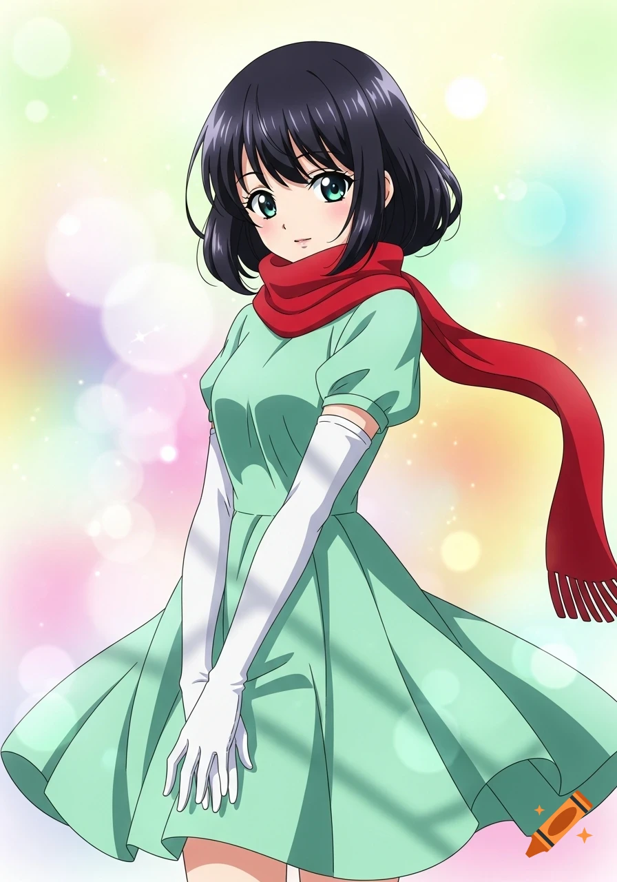 Anime girl with black bob-cut hair, wearing a mint-green dress, white opera gloves, and a red scarf, against a colorful bokeh background.
