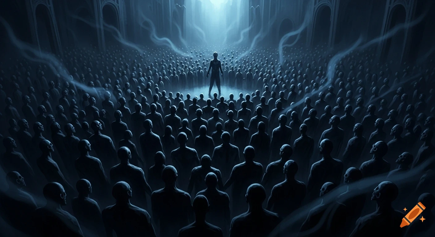 A lone figure stands illuminated by a bright light, facing a vast, shadowy crowd of silhouetted figures in a dark, cavernous hall.
