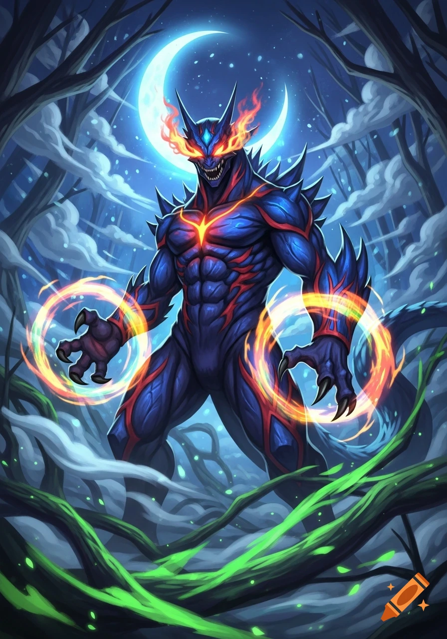 An anime-style blue and red monster with fiery eyes and glowing arm rings stands in a dark forest under a crescent moon.