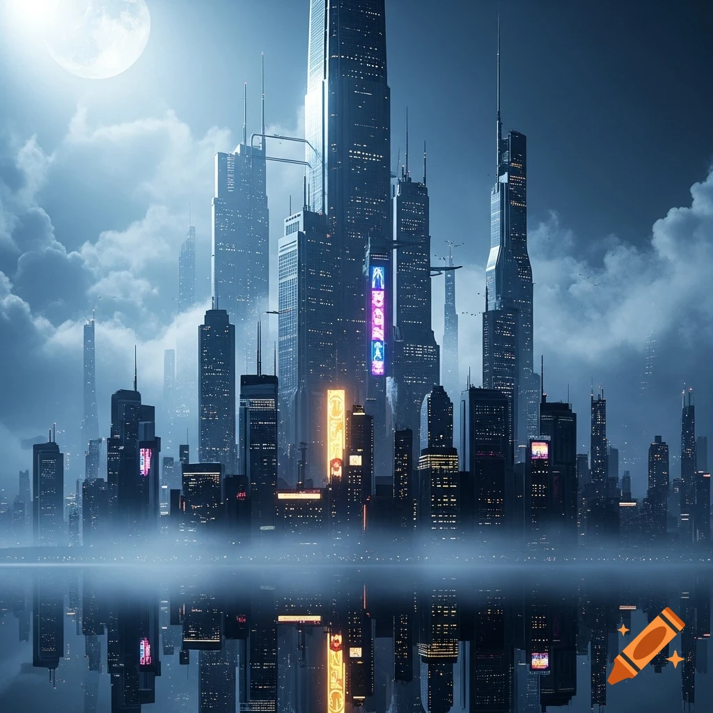 A futuristic cityscape at night with towering skyscrapers, glowing neon ...