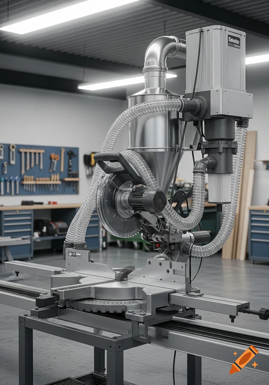 Photorealistic image of a miter saw with a dust extraction system in a clean workshop.