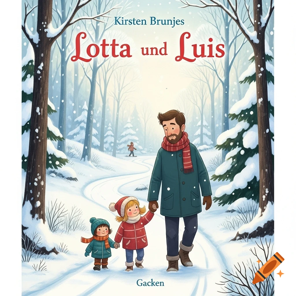 A father holds hands with two small children, Lotta and Luis, as they walk through a snowy forest in an illustrated book cover style.