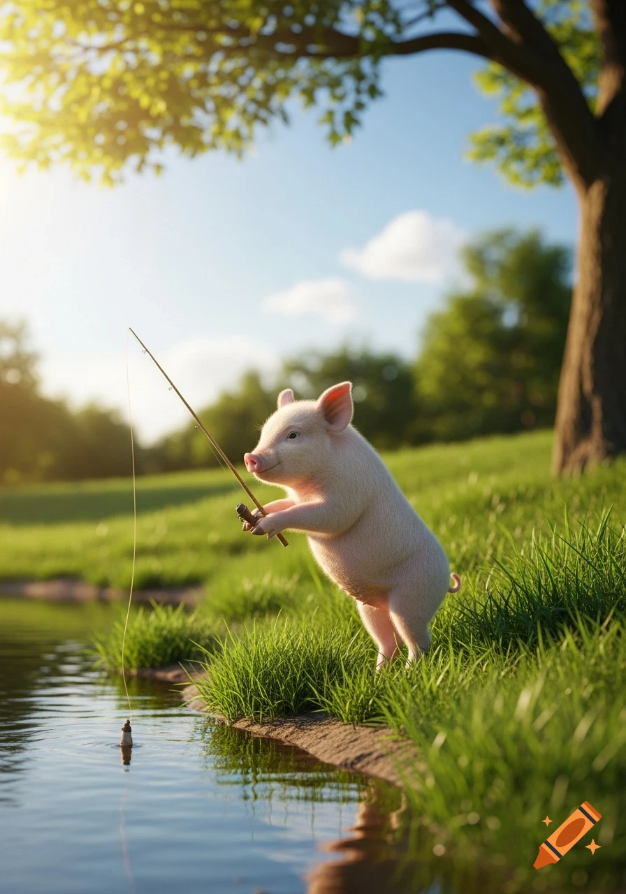 A cute, photorealistic pig stands on the grassy bank of a pond, holding a fishing rod with a line cast into the water.