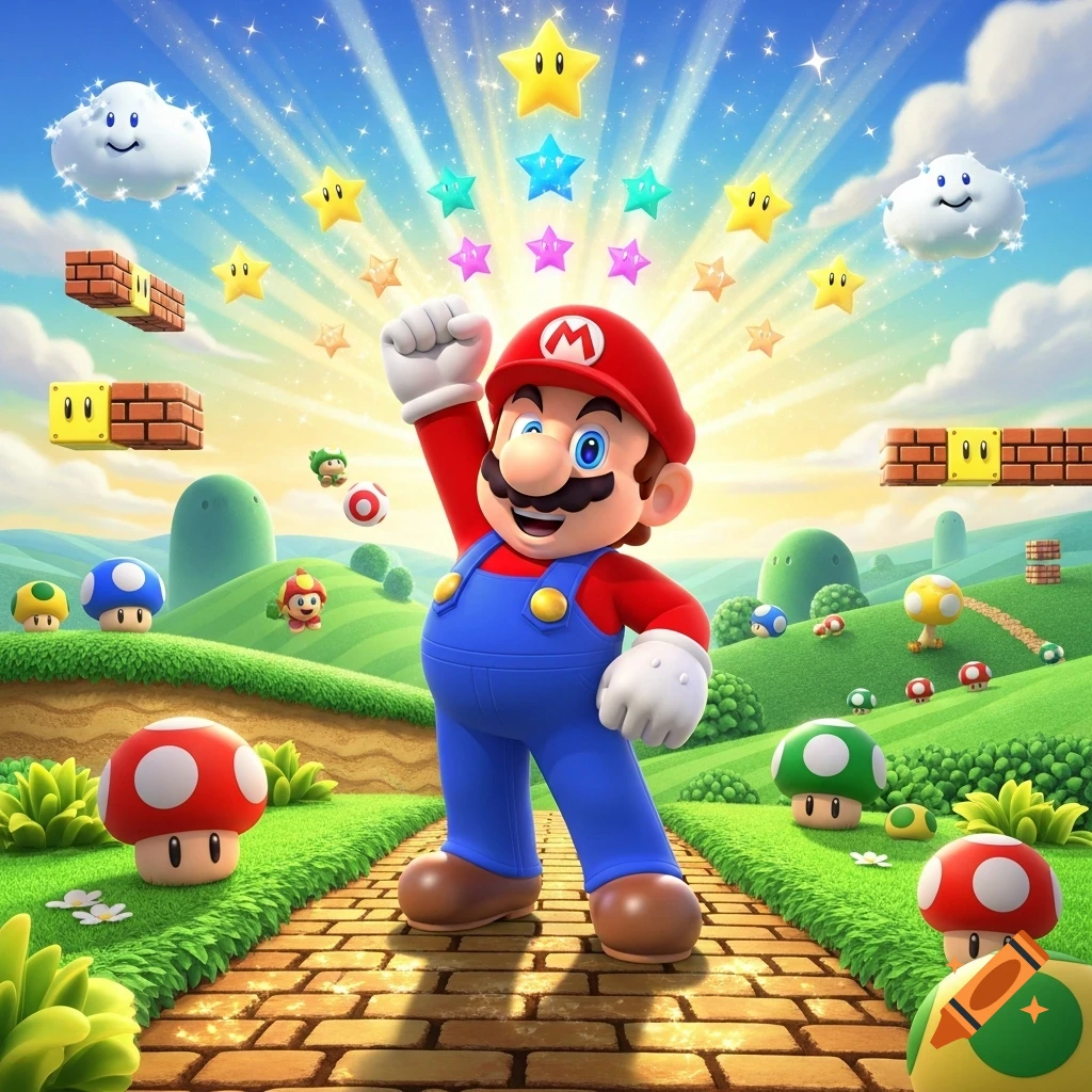 Mario stands triumphantly in a vibrant, cartoonish Super Mario Bros. landscape with stars, clouds, and mushrooms.