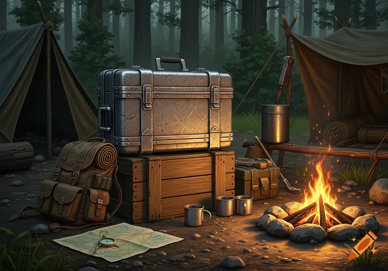 Survival camp scene at dusk in a forest with a metal case, backpack, map, and a glowing campfire between two tents.