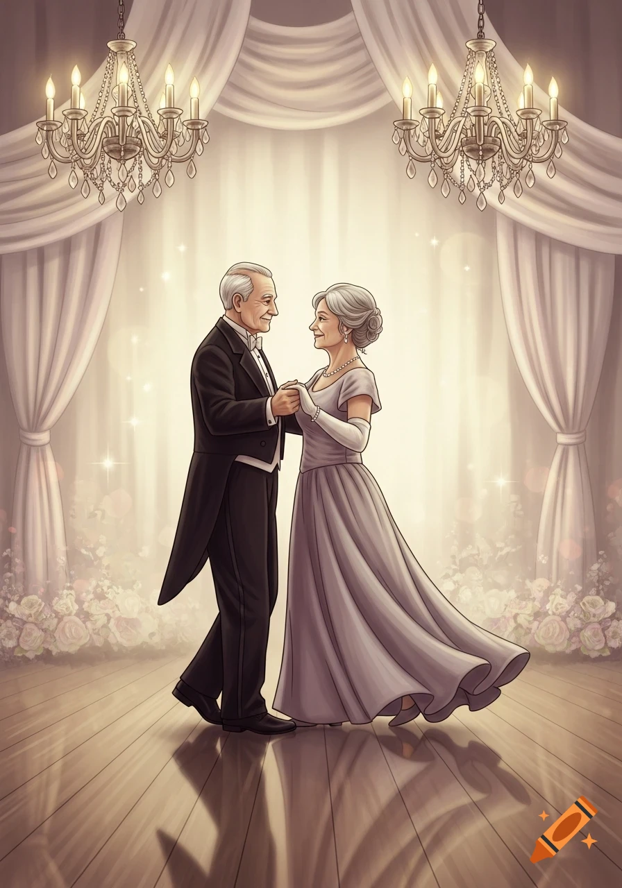 Illustrated romantic scene of an elderly couple dancing in formal attire in an elegant ballroom with chandeliers and white drapes.