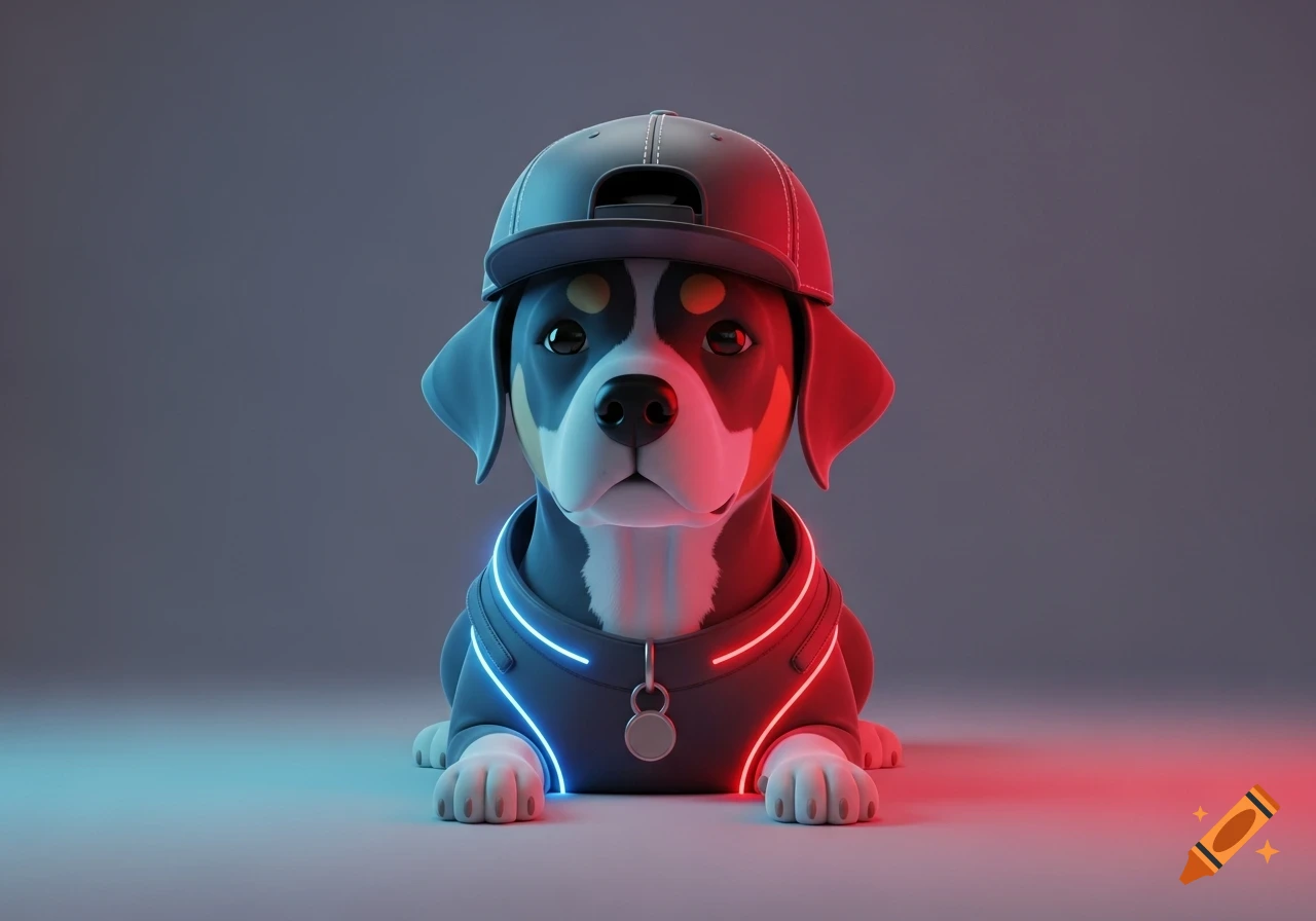A stylized cartoon dog wearing a baseball cap and glowing blue and red neon trim on its outfit, lying on a plain background.