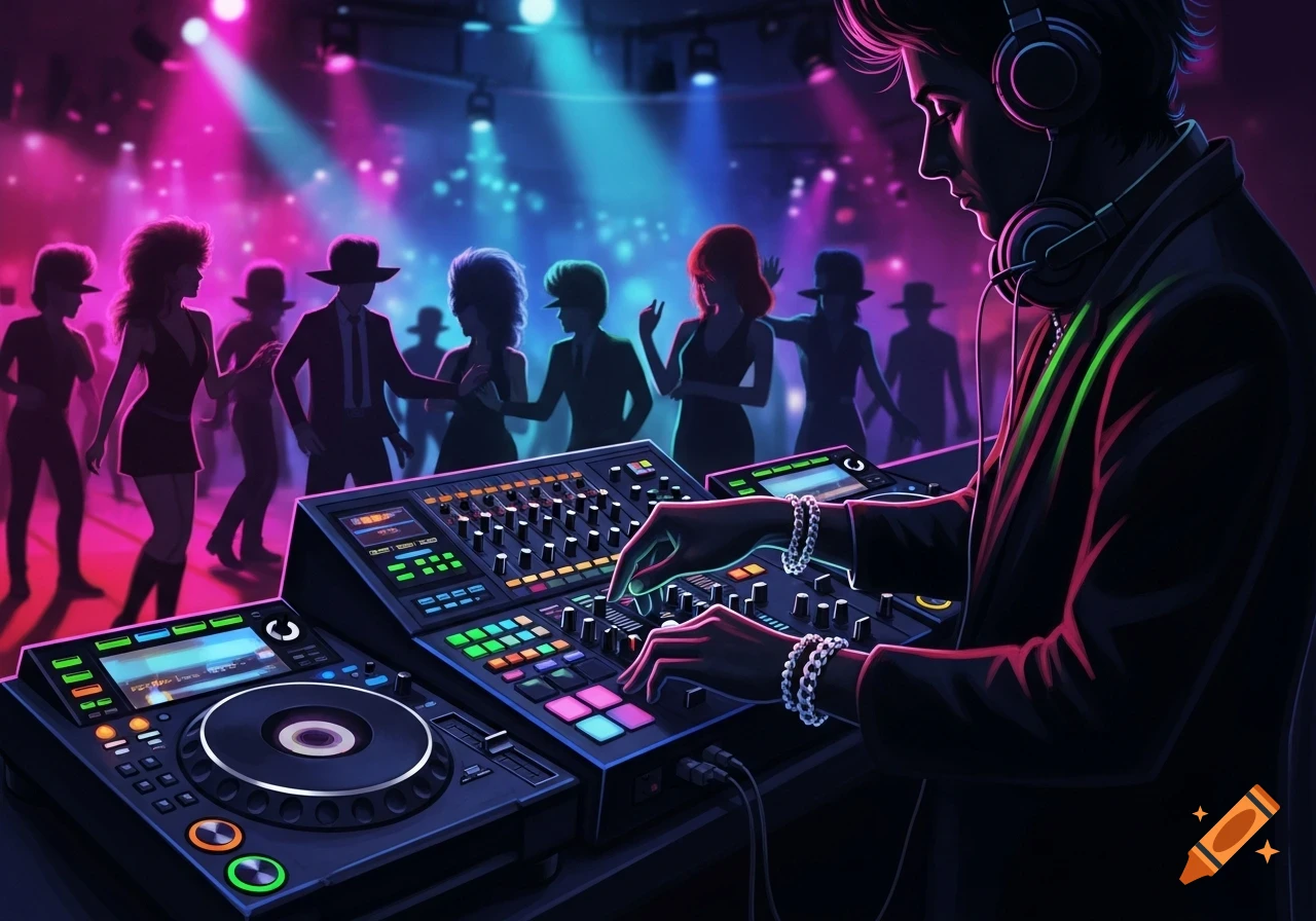 A DJ wearing headphones operates a mixer and turntable at a vibrant 80s-themed club with silhouetted dancers in the neon-lit background.