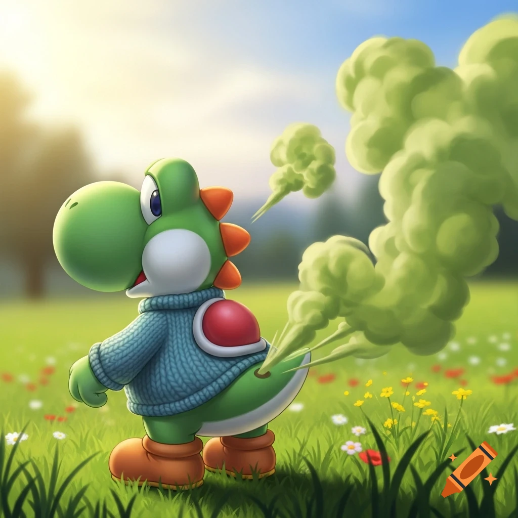 Yoshi, wearing a blue knitted sweater, farts large greenish-yellow fumes while standing in a sunny, flower-filled grassy field.