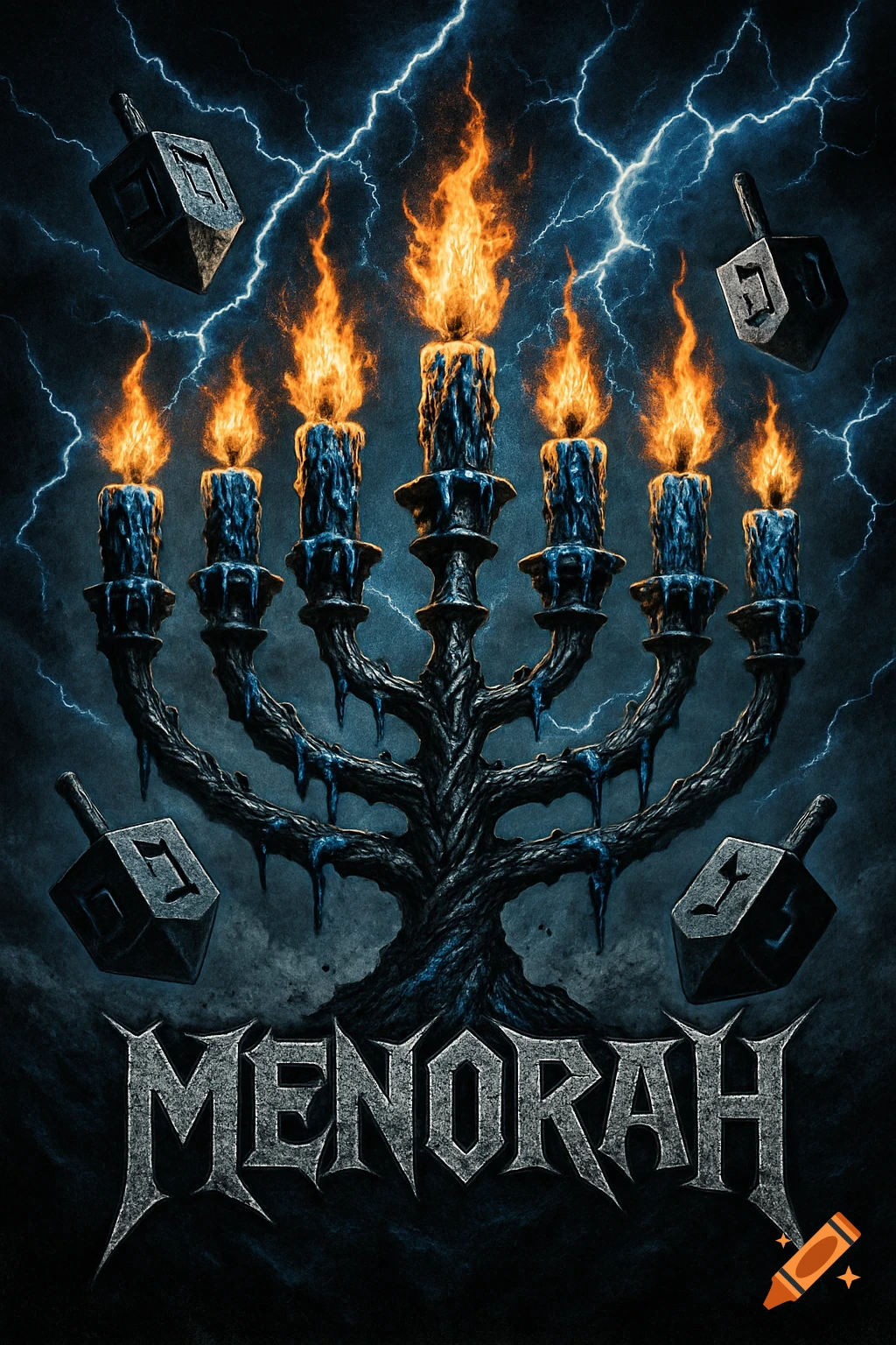 Dark, metal-style menorah with burning candles, dripping blue wax, lightning, and floating dreidels. 'MENORAH' in jagged text.