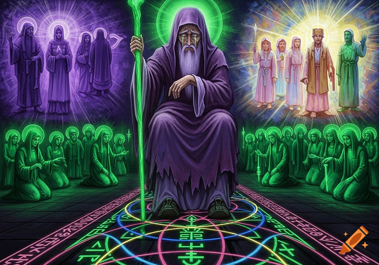 A central robed figure with a glowing green staff sits surrounded by kneeling figures in a mystical scene with glowing purple, green, and bright light, and neon symbols on the floor.