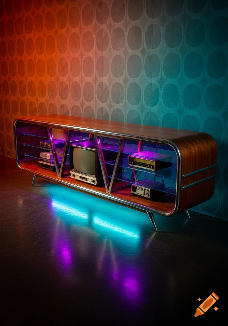 Retro-futuristic wooden TV stand with chrome details, vintage electronics, and vibrant blue and purple neon lighting against a patterned wall.