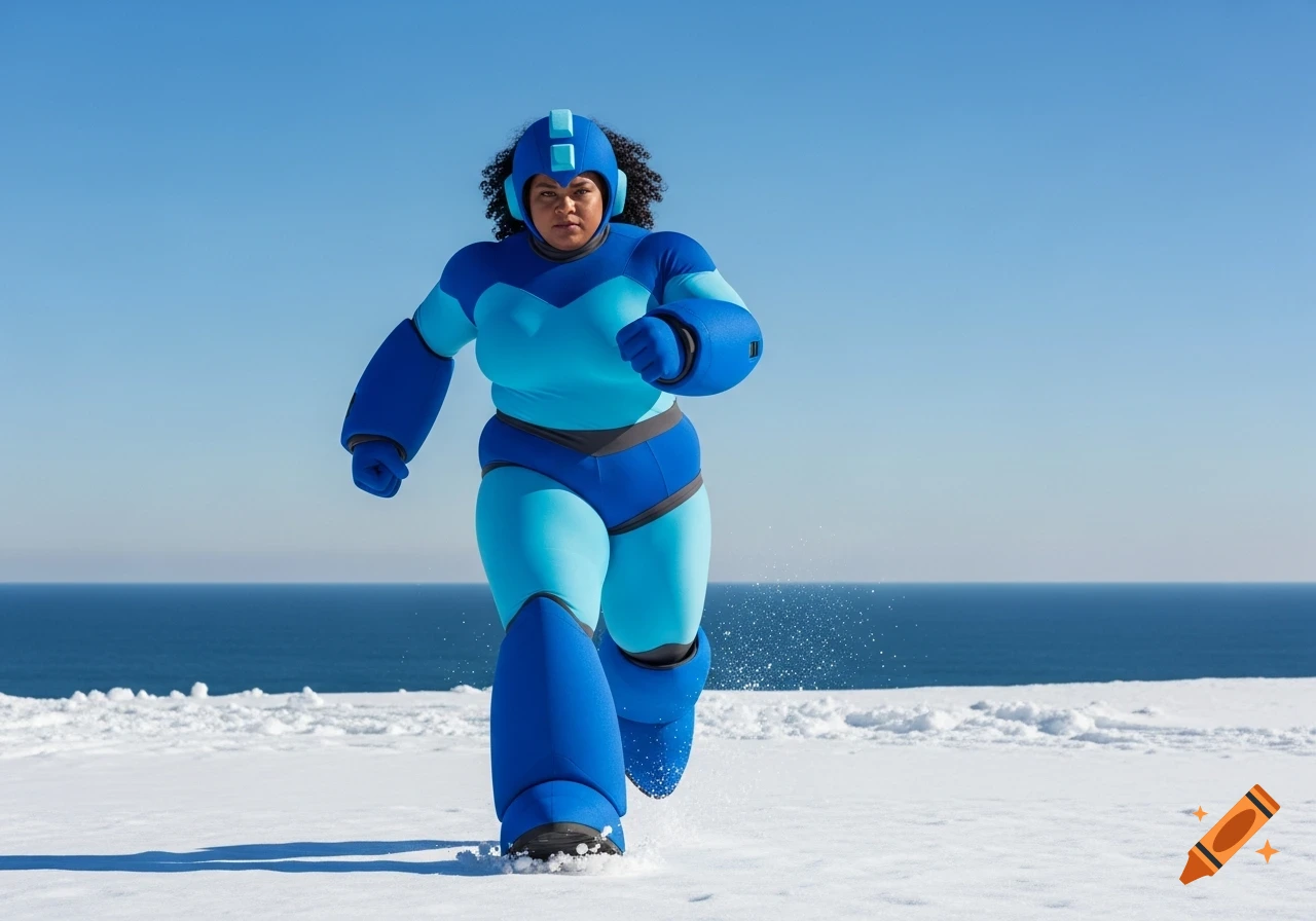 A woman in a Mega Man costume runs on snowy terrain near the ocean under a clear blue sky.