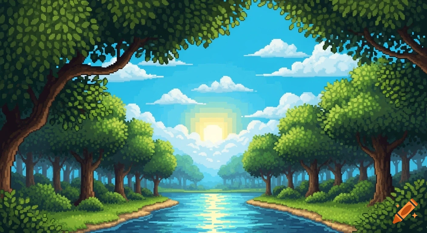 A pixel art landscape showing a river flowing through a forest with ...