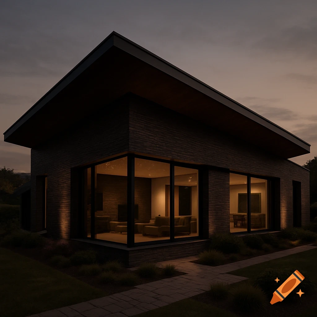 A modern house with a dark facade, large windows, and a distinctive sloped roof at dusk. Interior lights illuminate the living spaces, while exterior lights highlight the landscaping and a stone pathway.