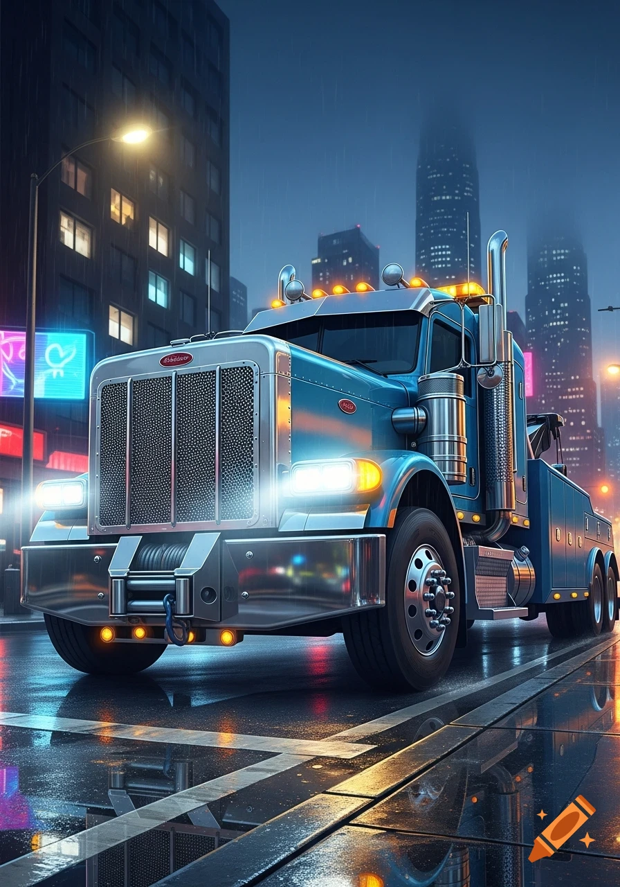 A blue tow truck with bright headlights drives down a wet city street at night, reflecting neon lights.