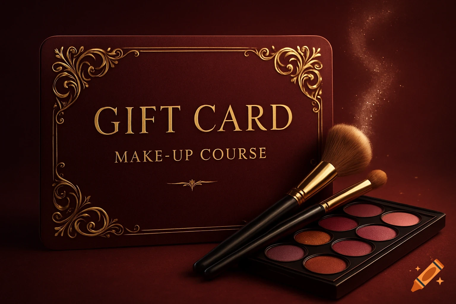 A luxurious red gift card with gold filigree reads "GIFT CARD MAKE-UP COURSE," alongside makeup brushes and an eyeshadow palette.