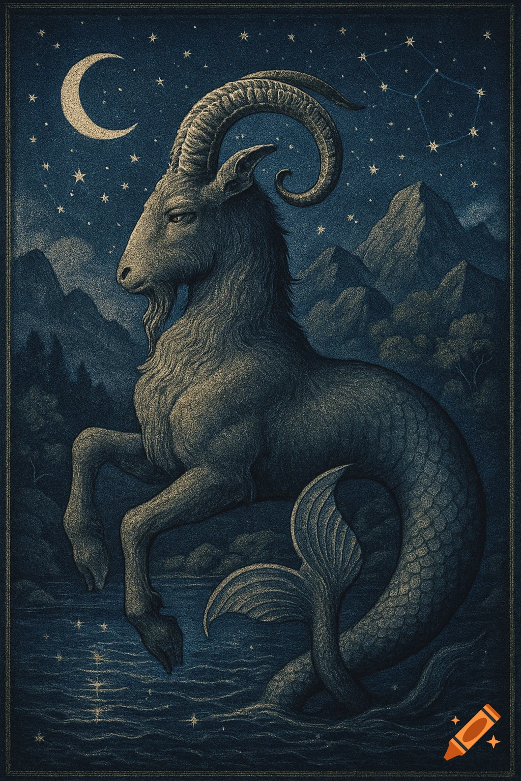 Vintage illustration of a Capricorn sea-goat under a starry night sky with a crescent moon, mountains, and water.