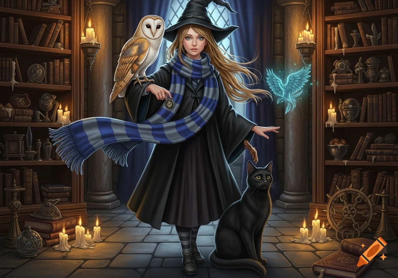 A young witch with blonde hair, wearing black robes and a blue and gray scarf, stands in a magical library with a barn owl on her shoulder, a black cat, and a glowing blue bird.
