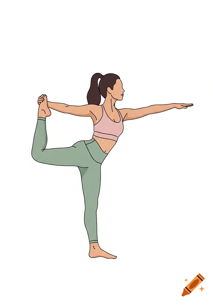 Minimalist flat design illustration of a woman in Natarajasana yoga pose on a white background.