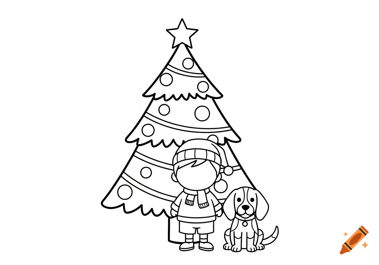 Black and white coloring page of a child and a beagle dog standing next to a decorated Christmas tree with a star.