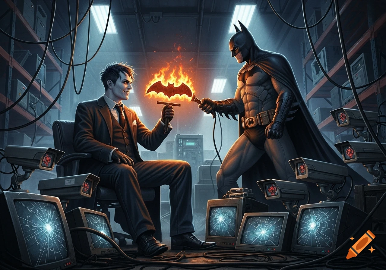 Batman confronts a villain with a flaming bat symbol in a dark, wired warehouse filled with broken security monitors, in comic book art.