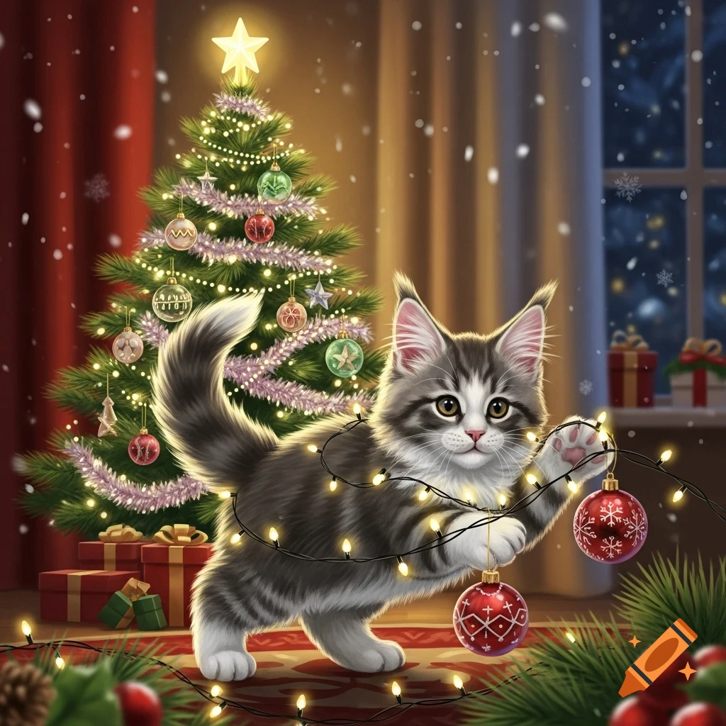 Playful Maine Coon kitten tangled in Christmas lights and ornaments in front of a decorated Christmas tree.