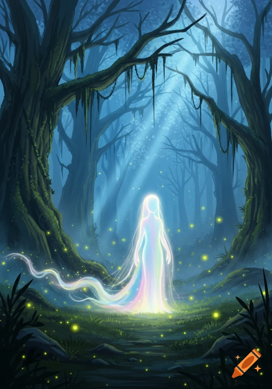 A glowing, ethereal spirit with a rainbow-colored trail stands in a moonlit, mystical forest with fireflies.