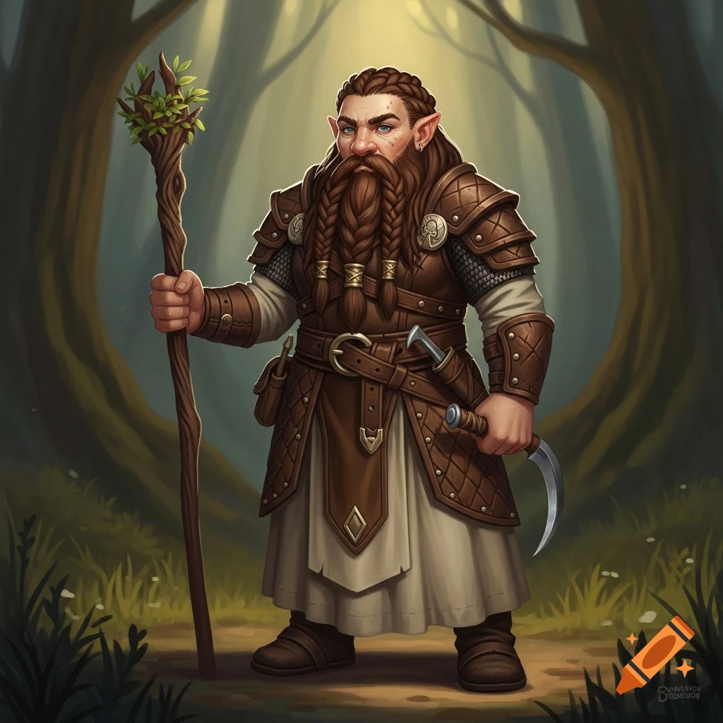 Digital art of a dwarf druid, with braided brown hair and beard, wearing leather armor over a linen tunic, holding a wooden staff and a sickle, standing in a forest.