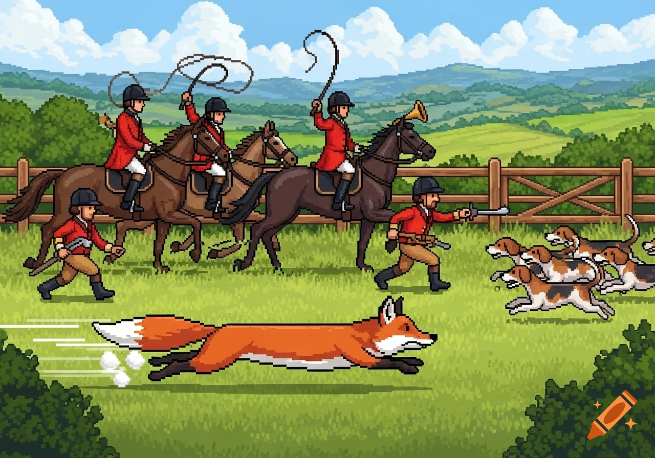 Pixel art of a fox running from horse-mounted hunters and hounds in a field.