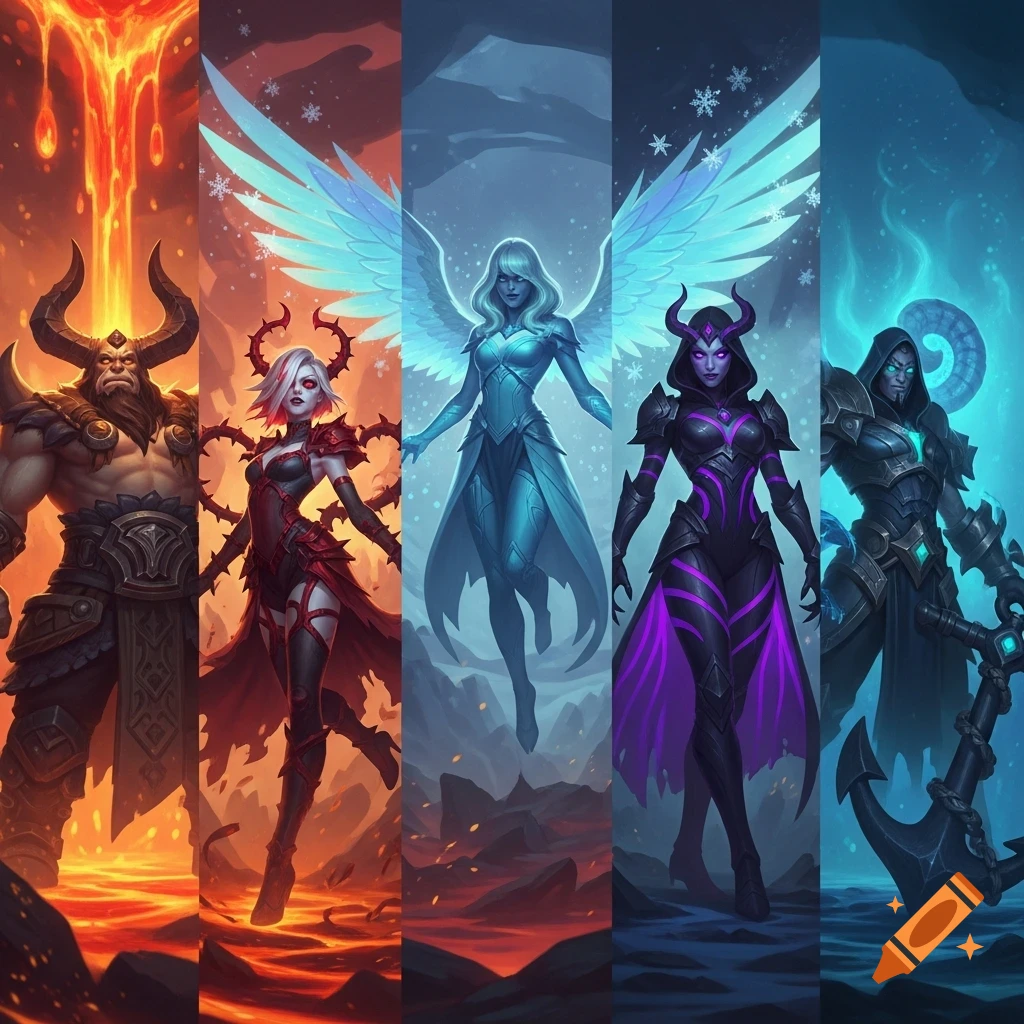 Five fantasy characters from a video game, each with unique elemental themes like fire, ice, and dark magic, standing side-by-side in a digital art style.