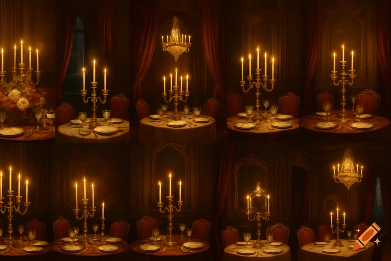 A collage of nine images showing candlelit dining tables in an ornate, dimly lit room with red curtains and chandeliers, in a painterly style.