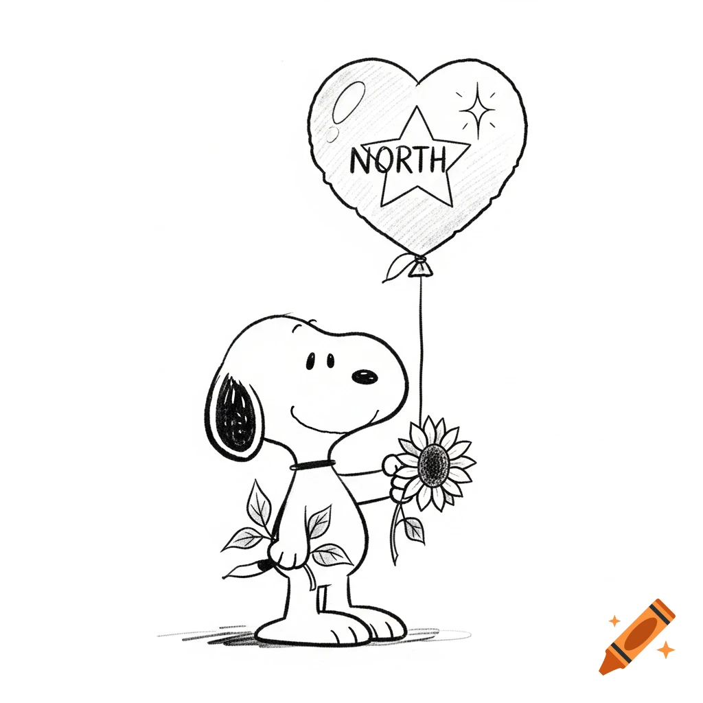 Snoopy, a cartoon dog, holds a heart balloon with 'NORTH' and a sunflower in a black and white pencil drawing.
