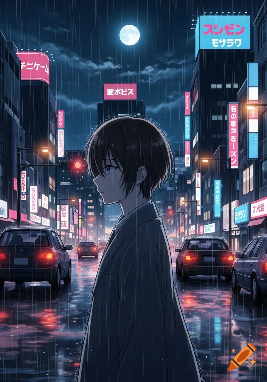 Anime character standing in a melancholic rainy city at night, illuminated by neon signs and a full moon, with cars on the wet street.