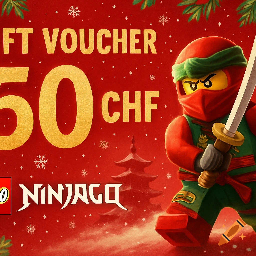 A red Christmas gift voucher for 50 CHF featuring a Lego Ninjago character with a sword, snowflakes, and the Ninjago logo.