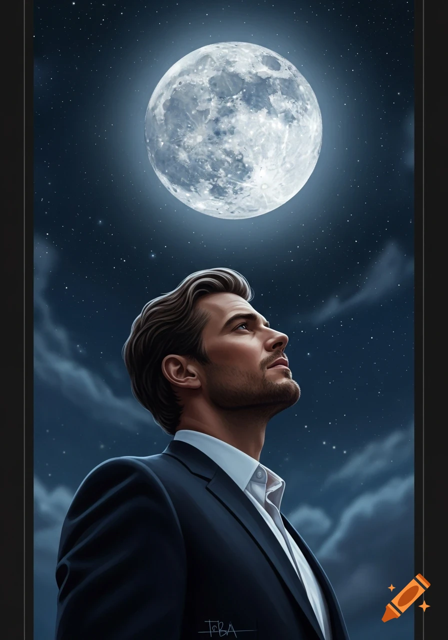 A distinguished man in a suit looks up at a bright full moon and stars in a dark night sky, digital illustration.