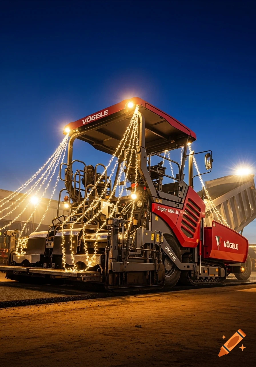 A red Vögele Super 1810-3i paver decorated with string lights on a construction site at dusk, with a dump truck in the background.