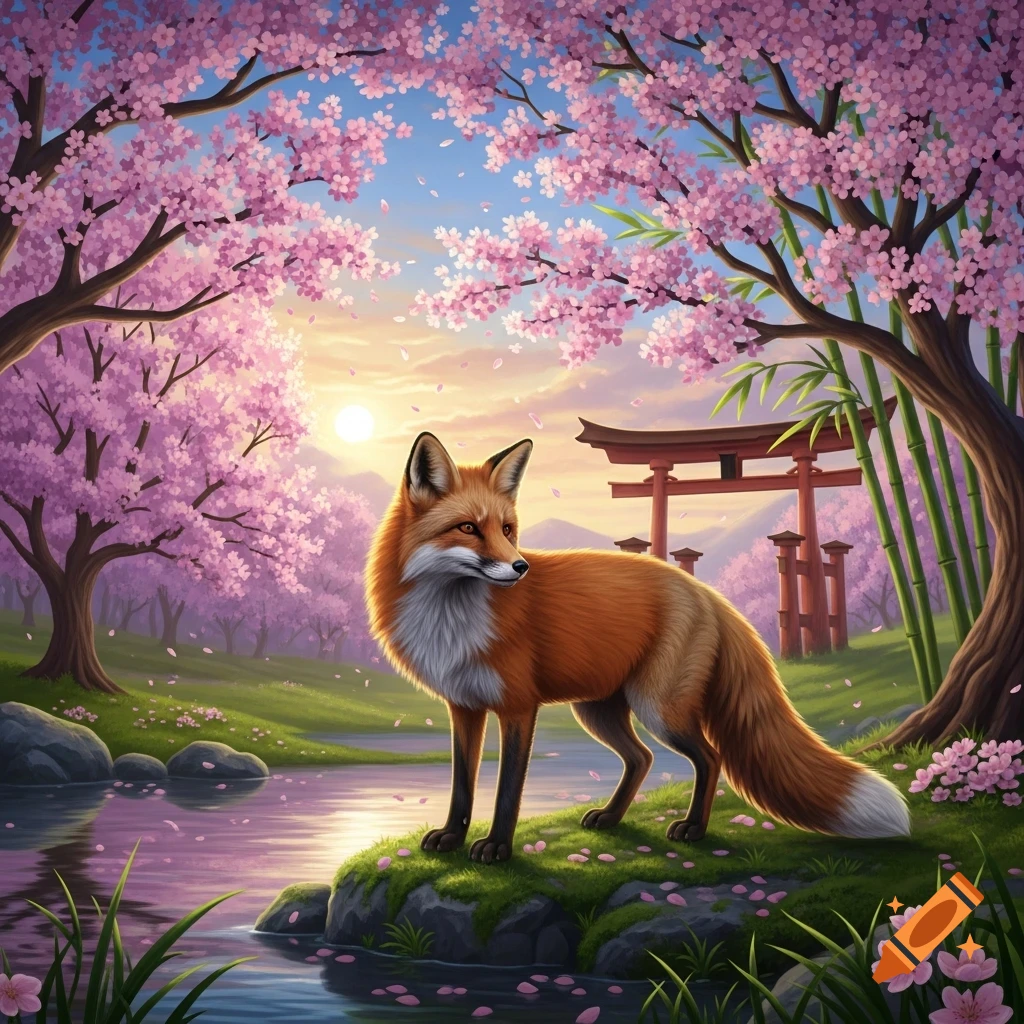 A red fox stands on a mossy rock by a river, surrounded by vibrant pink cherry blossom trees and a torii gate at sunset.