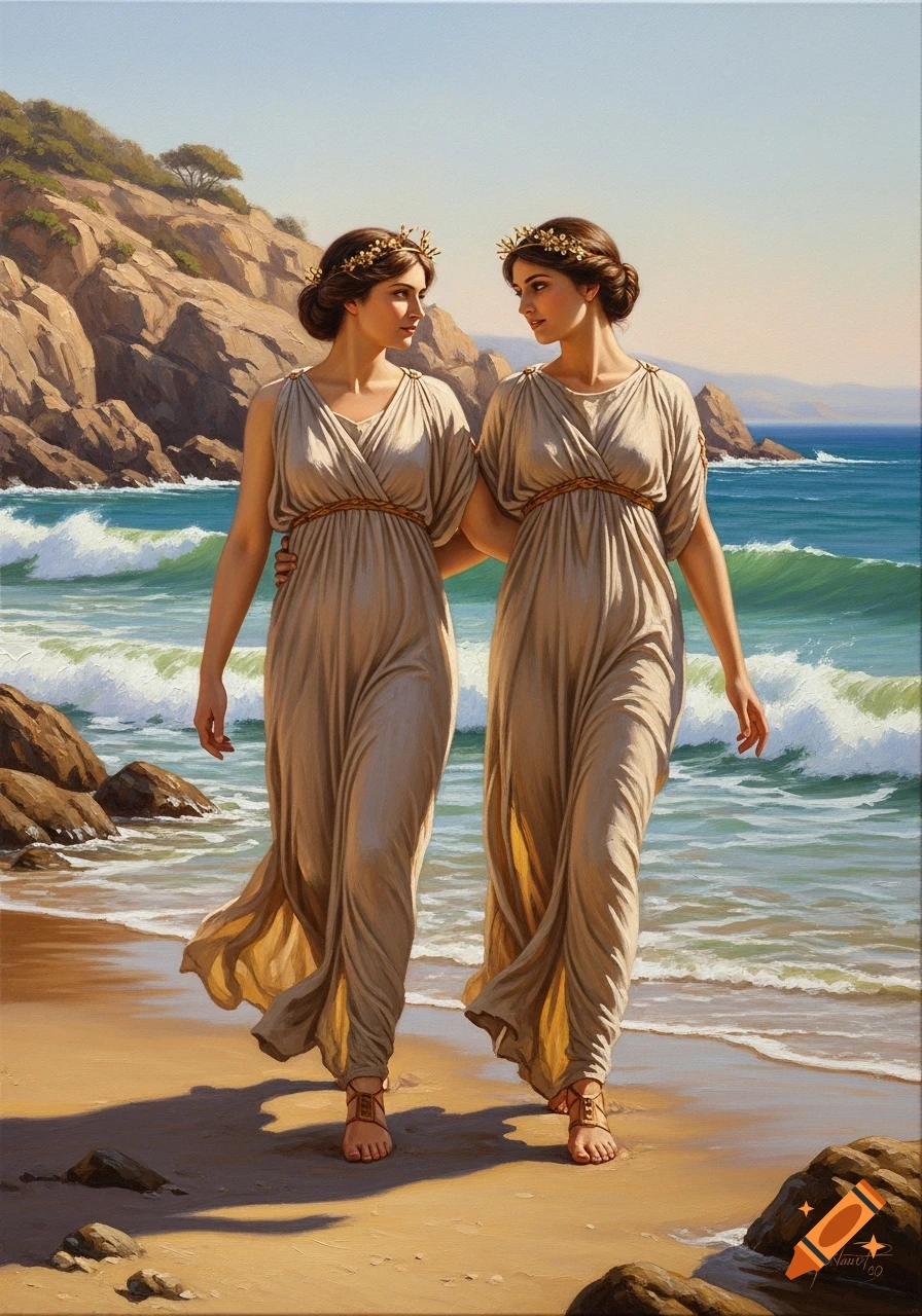Two elegant women in classical robes with golden wreaths walk barefoot along a sunny beach with cliffs and ocean waves, in an academic oil painting style.