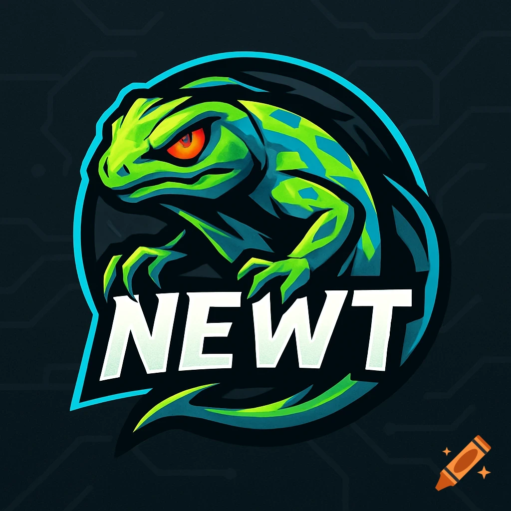 Stylized green newt esports logo with glowing orange eyes and 'NEWT' text below, on a dark background.